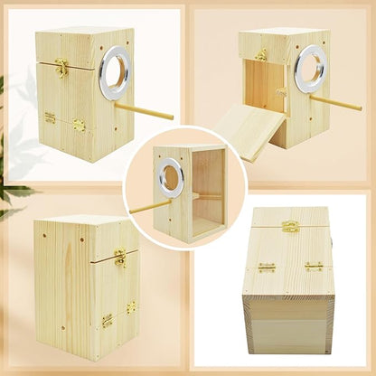 Parakeet Nesting Box,Transparent Bird Nest Boxs Natural Wooden Breeding Box with Coconut Fiber,Birds Cage House with Perch for Canary Budgies Gouldian Finch Cockatiel Conure and Other Small Birds