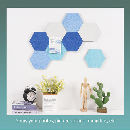 Afumazi Felt Bulletin Board Tiles, 8 Pcs Hexagon Wall Tiles with Removable Adhesive, 7.9×6.9 Inch Cork Pin Board for Classroom, Home, Office (Set E, Middle)