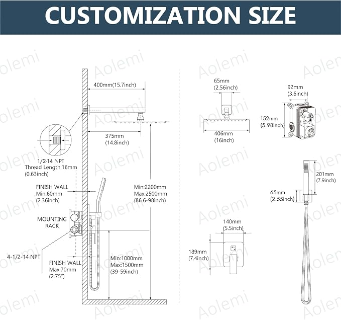 Aolemi Shower Faucet Set Rain Shower System with Handheld Spray Bathroom Shower Combo Rough-in Valve and Shower Trim Kit Included Matte Black 16 Inch Wall Mount Shower Head