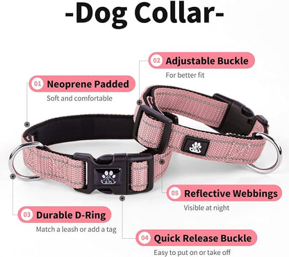 IVY&LANE Reflective Dog Collar and Leash Set,Adjustable Neoprene Padded Dog Collars for Puppy, Breathable Nylon Pet Collar for Small Medium Large Dogs (Large,Pink)