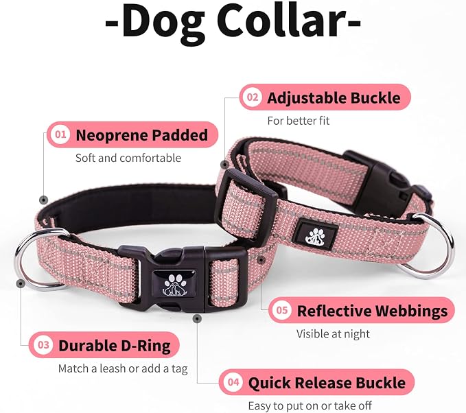IVY&LANE Reflective Dog Collar and Leash Set,Adjustable Neoprene Padded Dog Collars for Puppy, Breathable Nylon Pet Collar for Small Medium Large Dogs(Small,Pink)