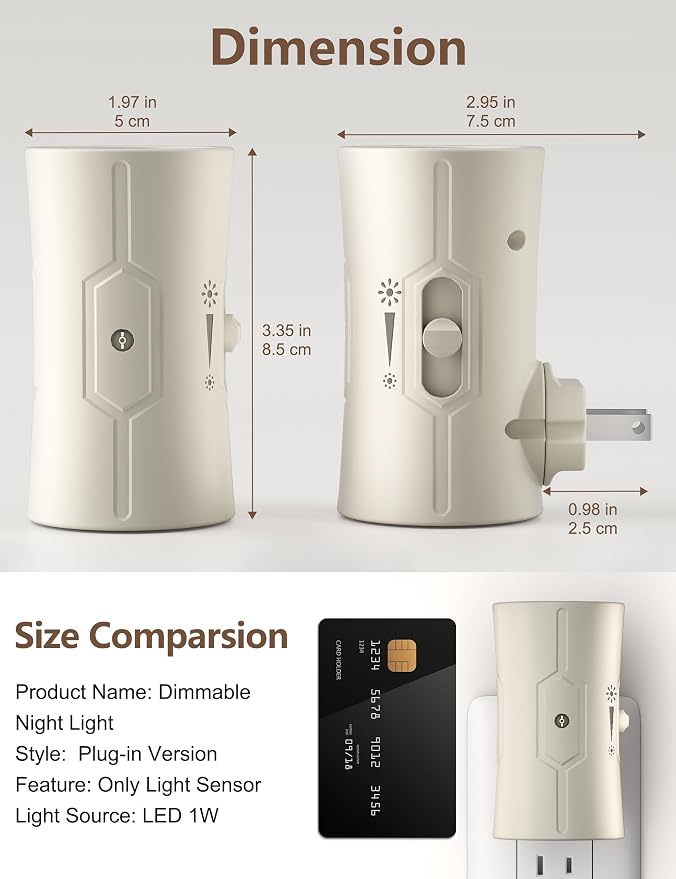 fesnne Night Light, LED Night Lights Plug into Wall, [2 Pack] Warm White 3000K, 0-100LM Adjustable Brightness Light Sensor Nightlights Plug in wall for Hallway, Bathroom, Adults, Neutral Beige