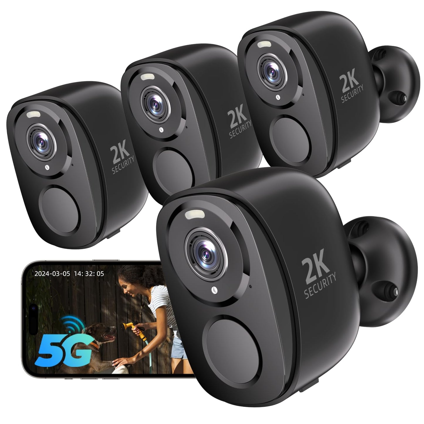 Rraycom 4Pack 5G/2.4G Security Cameras Wireless Outdoor,2K Battery Powered AI Motion Detection Siren Alarm WiFi Home Indoor Camera, Color Night Vision, 2-Way Talk, Waterproof, Works w/Alexa, Cloud/SD