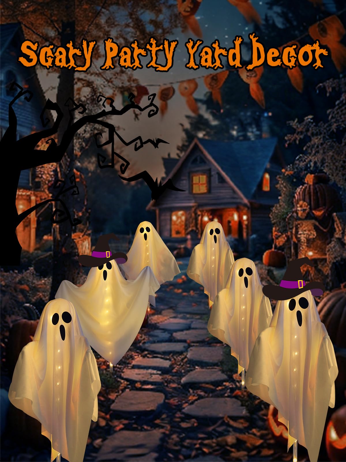 6-Pack Ghost Solar Halloween Decorations Outdoor, Waterproof Solar Halloweens Lights for Outside Decor, Halloween-Ghost Path Lights for Scary Party Yard Garden Lawn Holiday Decoration(Warm White)
