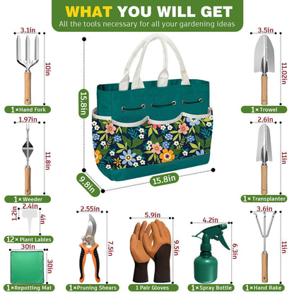 22Pcs Gardening Tools Set for Women Heavy Duty Garden Hand Tools Kit Birthday Gifts for Mom Wife Grandma Beginner Gardening Accessories with Tote Bag/Shovels/Repotting Mat/Plant Labels/Gloves