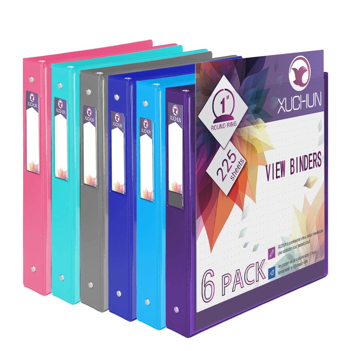 XUCHUN 3 Ring Binders 1 Inch,Clear View Binder with 2 Pockets, Holds 225 Sheets 8.5x11 Inches Paper, Customizable Cover & Spine,Binders for Office, School, Home, Business,6 Pack