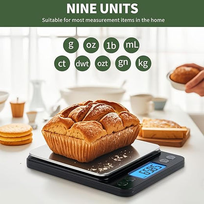 MEIYA Food Scale Grams and Ounces, Plus Size Digital Kitchen Scale for Cooking Baking, 5kg/0.1g High Accurate Gram Scale with USB Charging, 2 Tray, LCD Backlit Display, Stainless Steel Pan Easy Clean