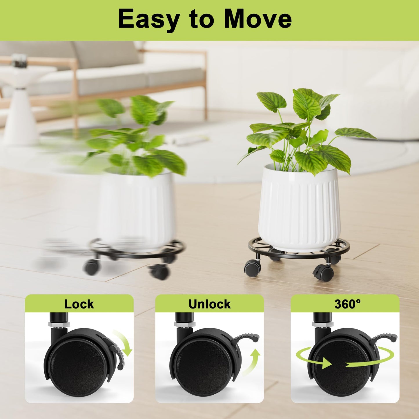 Chinpakden 2 Pack Rolling Plant Stands with Wheels - 10.24" Plant Caddy, 360 °Rotatable and Lockable Plant Rollers, 80LB Weight Capacity, Plant Tray with Casters for Indoor Outdoor Wine Cellar.