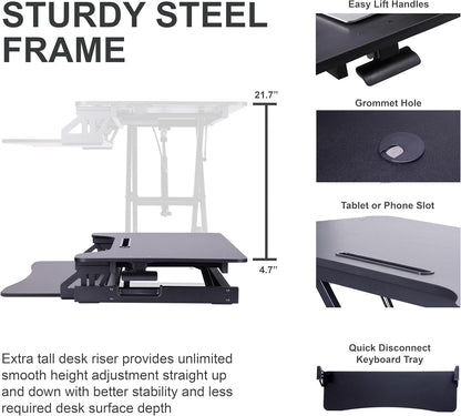 Rocelco 43" Height Adjustable Standing Desk Converter with Dual Monitor Arm Mount - Tall Stand Up Tabletop Riser and Tablet Slot - Computer Workstation - Deep Keyboard Tray - Black (R VADRB-43-DM2)
