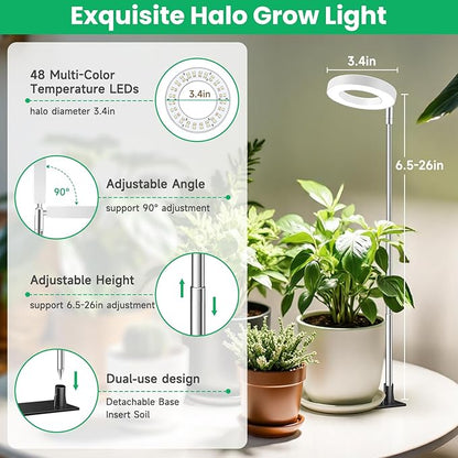 Aokrean Grow Light, Full Spectrum Plant Lights for Indoor Growing with with 3/9/12H Timer, 3 Color Modes, 10 Brightness, 6.5"-26" Height Adjustable Halo Grow Light with Base, 3 Pack(3.4in)