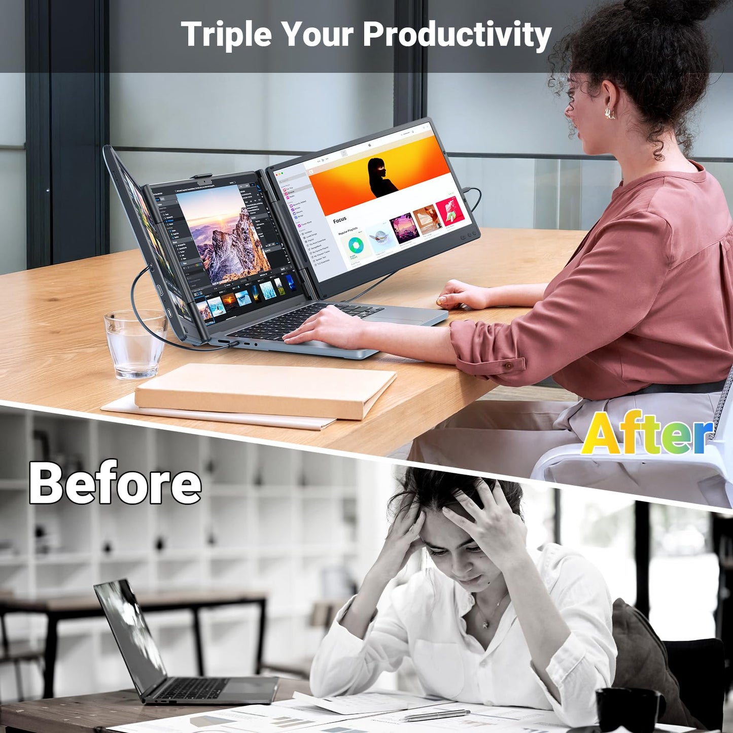 Ygretyrjh Laptop Screen Extender, 14" Triple Portable Monitor for Laptop, 1080P FHD IPS Screen Extender Monitors for 13"-17", Travel Monitor for Mac/Windows/Chrome, Built-in Speakers