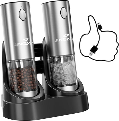 Electric Salt and Pepper Grinder Set, 95ml Large Capacity Automatic Pepper Mill with USB-C Charging Base & LED Light, Adjustable Coarseness Stainless Steel Spice Grinder 2-Piece Set