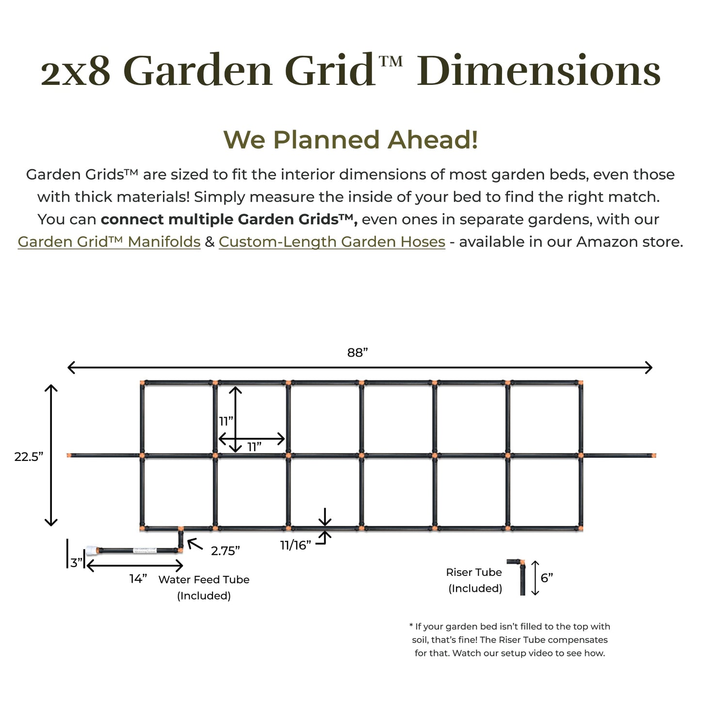 Garden Grid Watering System, 2x8 Cornerless | Garden Irrigation System for Garden Beds | Pre-Assembled, Waters Every Plant, USA-Made | Ideal for Beds w/Corner Posts or Curved Ends | 22.5"x88"