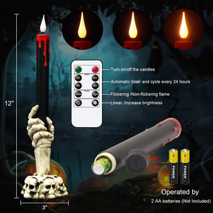 KunSwenn Halloween Flameless Taper Candles with Ghost Hand Candlesticks and Remote Timer, Black Led Taper Flickering Battery Operated Candles with 3D Flame for Halloween Spooky Decoration