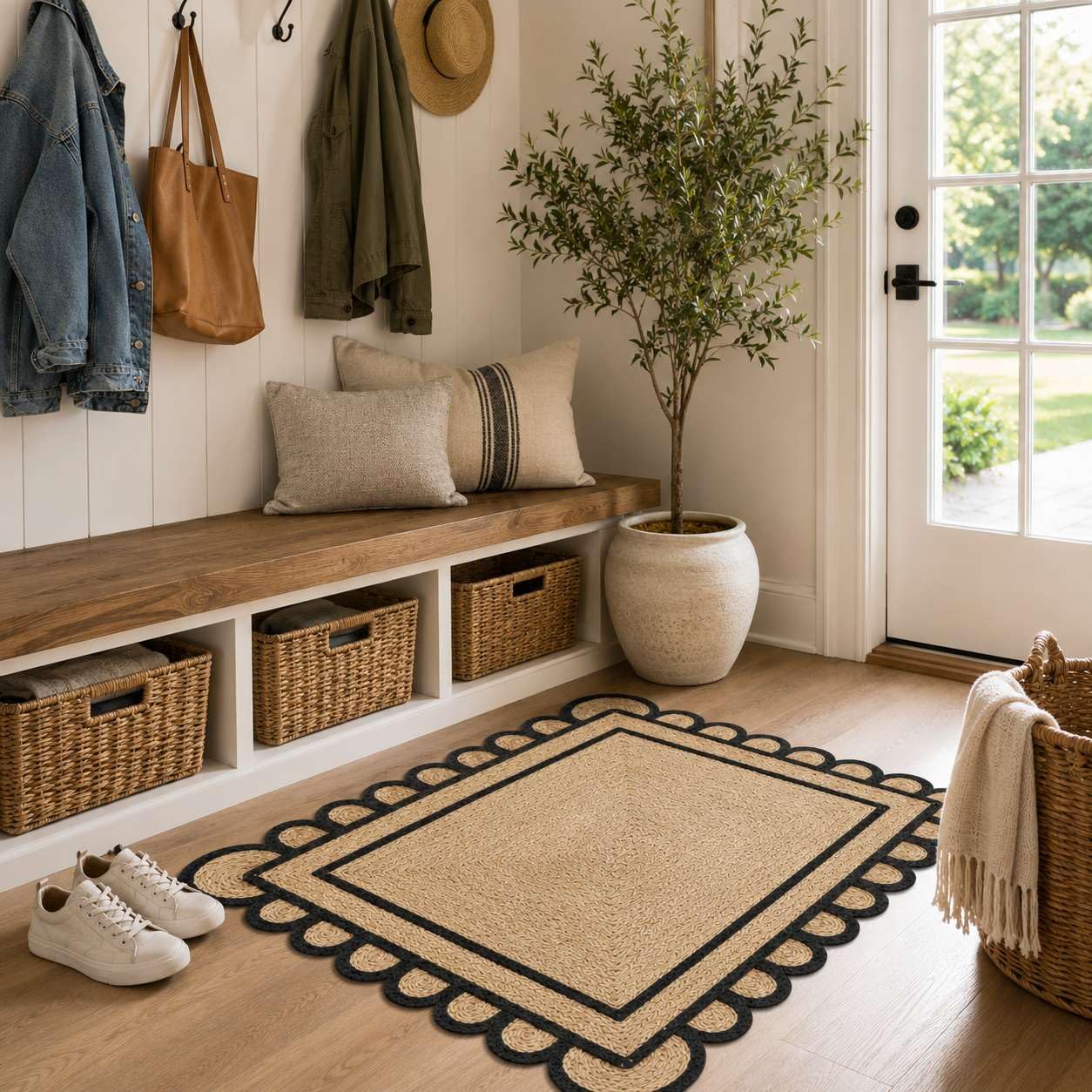 Scalloped Natural Jute Area Rug 3x5 Ft, Boho Rug with Black Trim & Non Slip Backing for Entryway, Living Room