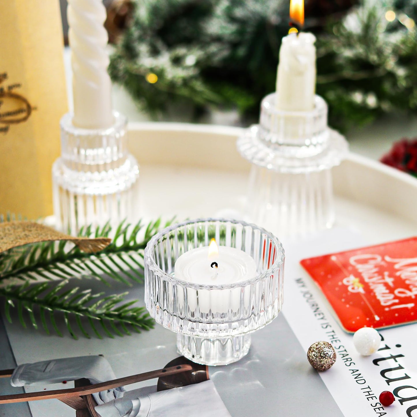 SYFURNIX Clear Candlestick Holders 12PCS Ribbed Glass Taper Candle Holders for Tealight Stick Candles Table Centerpieces Thanksgiving Christmas Indoor and Outdoor Decorations
