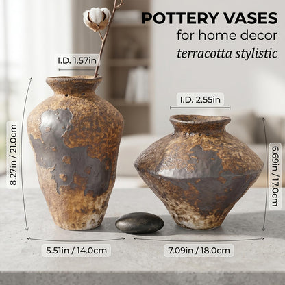 Small Stone Vase for Rustic Home Decor, Farmhouse Antique Pottery Vase Furniture&Table Flower Decorative, Round Terracotta Vases for Living Room Decor, Modern Rustic Concrete Clay Art Vases