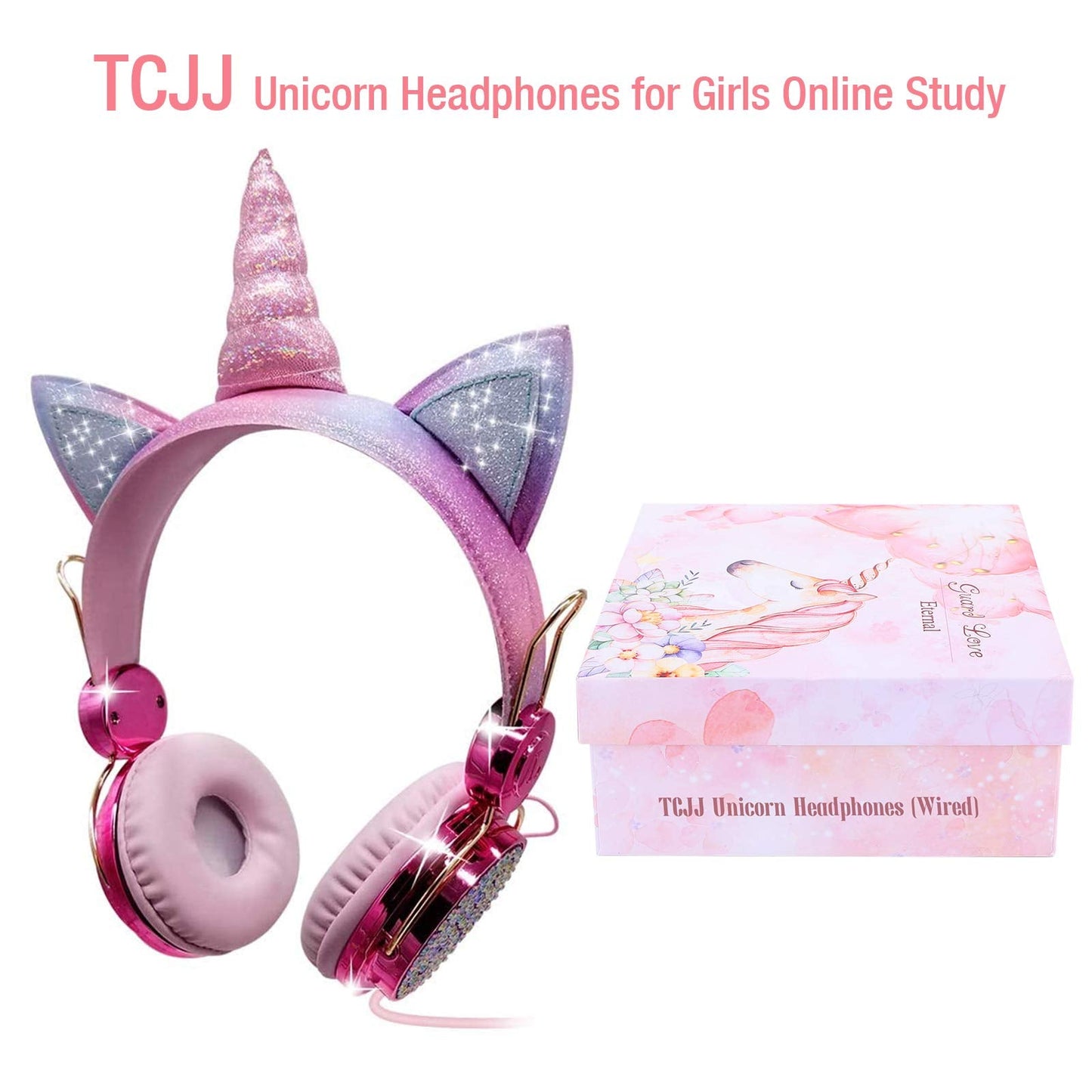 TCJJ Unicorn Kids Headphones for Girls Children Teens, Wired Headphones for Kids with Adjustable Headband, 3.5mm Jack and Over On Ear Headset w/Mic for School Birthday Xmas Unicorn Gift