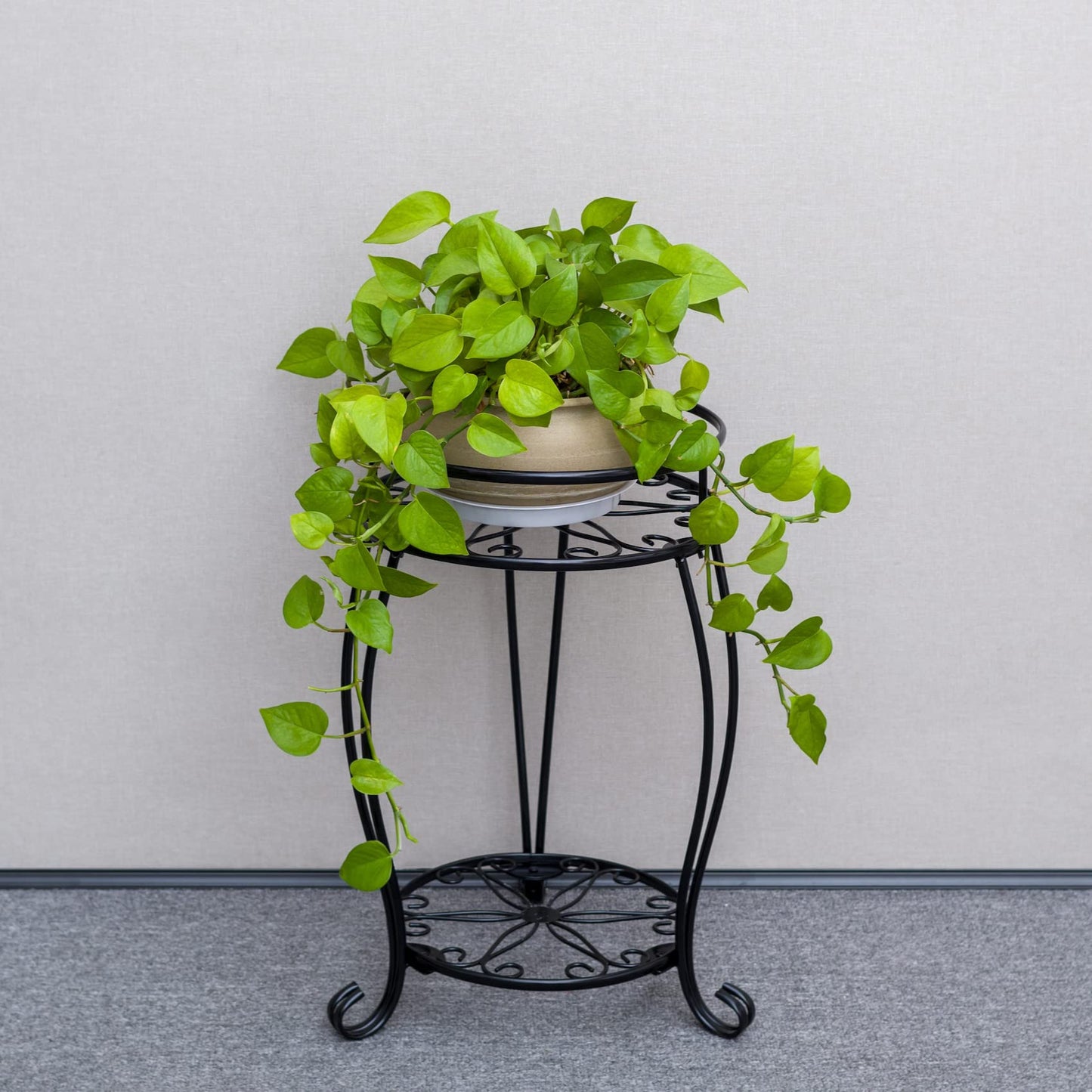 FaithLand 2 Pack Plant Stands, Heavy Duty Metal Planter Holder Indoor Outdoor, 2 Tier Round Potted Supports Rack, Corner Display Shelf Black