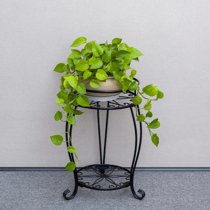 FaithLand 2 Pack Plant Stands, Heavy Duty Metal Planter Holder Indoor Outdoor, 2 Tier Round Potted Supports Rack, Corner Display Shelf Black