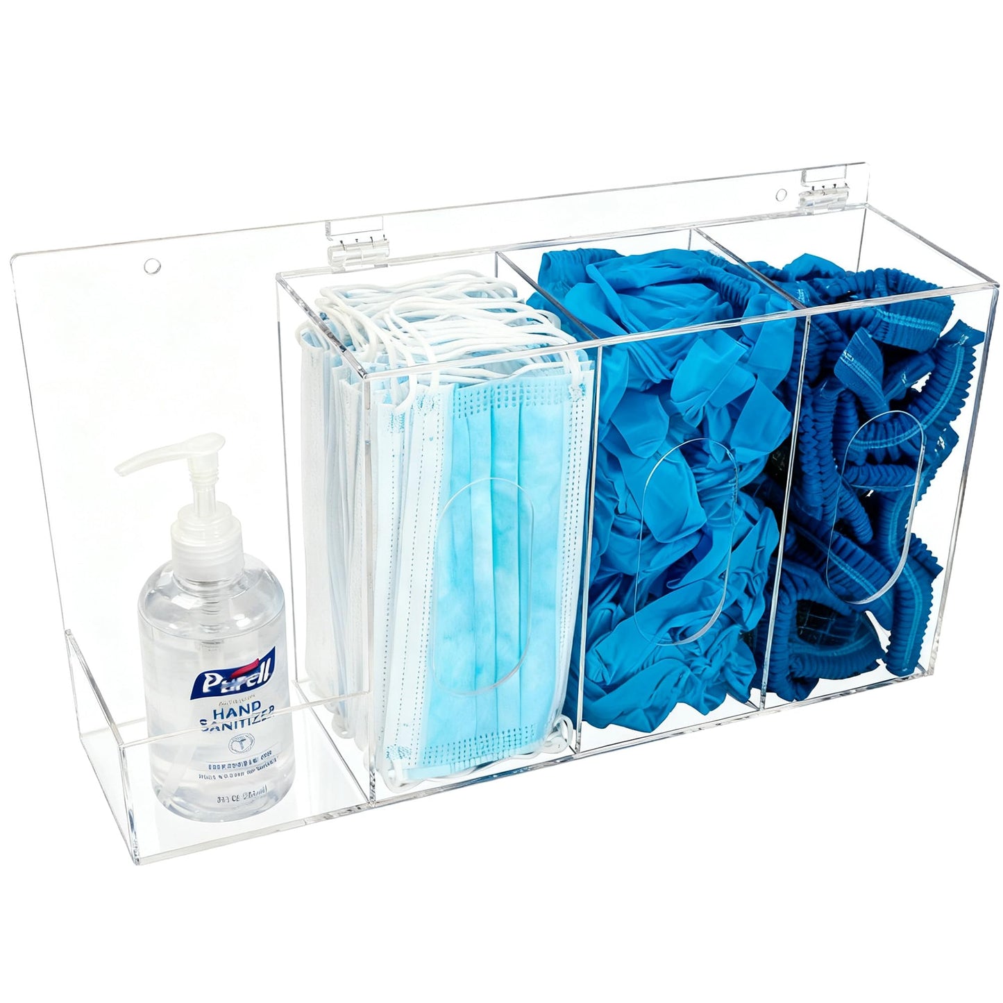 SEANADO Hand Sanitizer and Glove Holder Dispenser with Lid, Clear Acrylic 4 Compartments Hygiene Station for Disposable Face Mask, Shoe Cover, Hairnets - Wall Mount or Tabletop