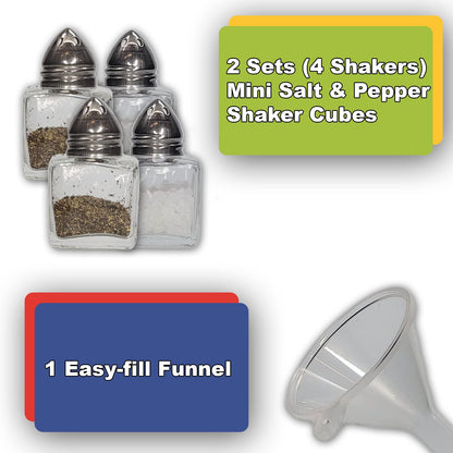 Pack of 4 Clear Glass Mini Cube Salt & Pepper Shakers with Stainless Tops and BONUS Easy Fill Funnel (Silver) by NetSellsIt