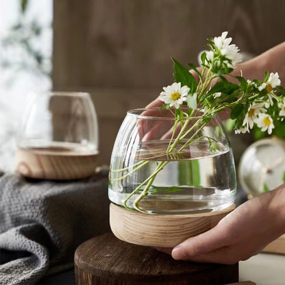 Asodomo Clear Glass Vase Fish Bowl Hydroponic Plant Vase with Wood Base Desktop Planter Terrarium Vases for Table Centerpiece Bedroom Living Room Home Office Decor (XL)