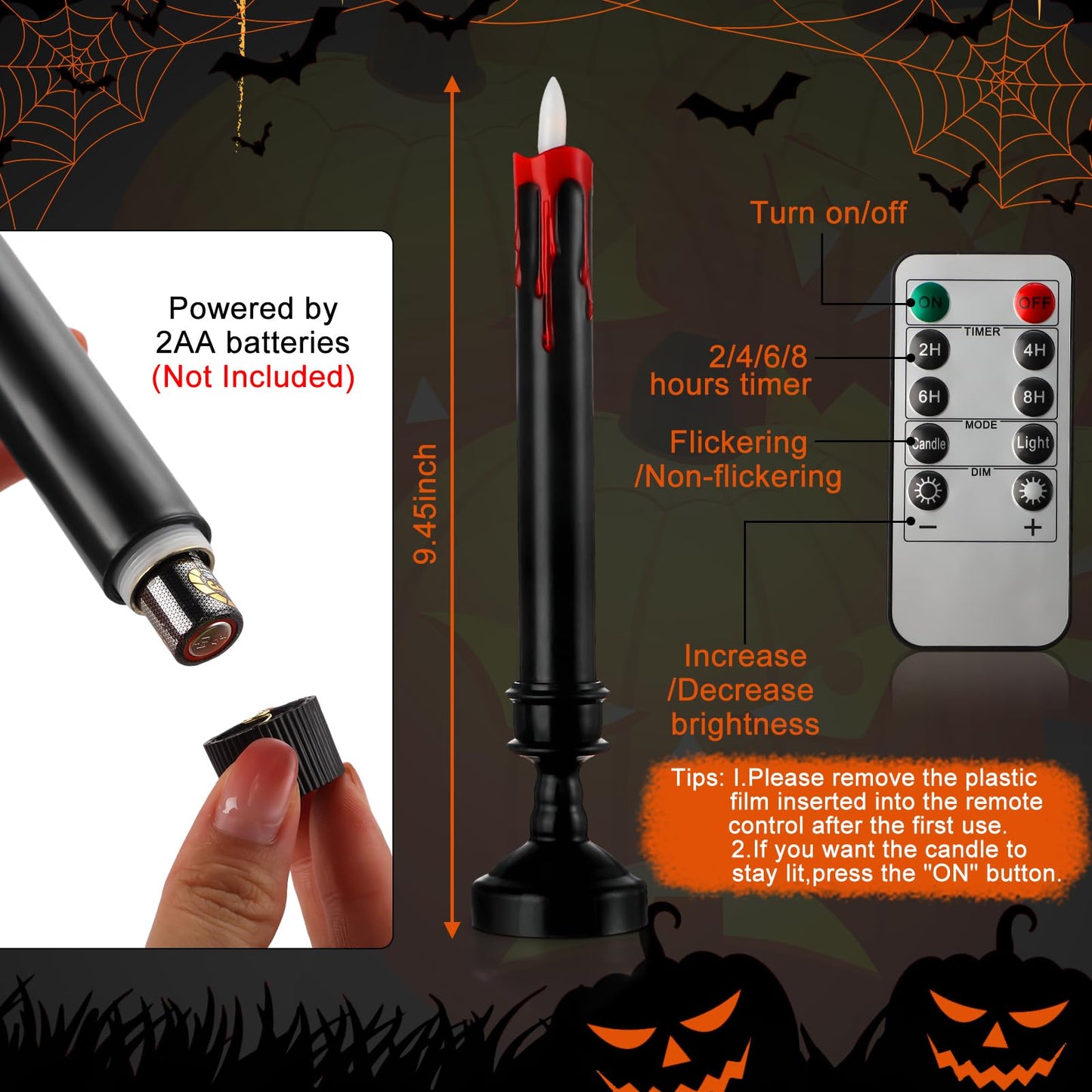 Sratte 6 Sets Halloween Blood Dripping Candle Decoration Led Flameless Candle with Candlestick Holder and Remote Battery Operate Vampire Tears Scary Creepy Decor for Indoor Home(Black Holder)