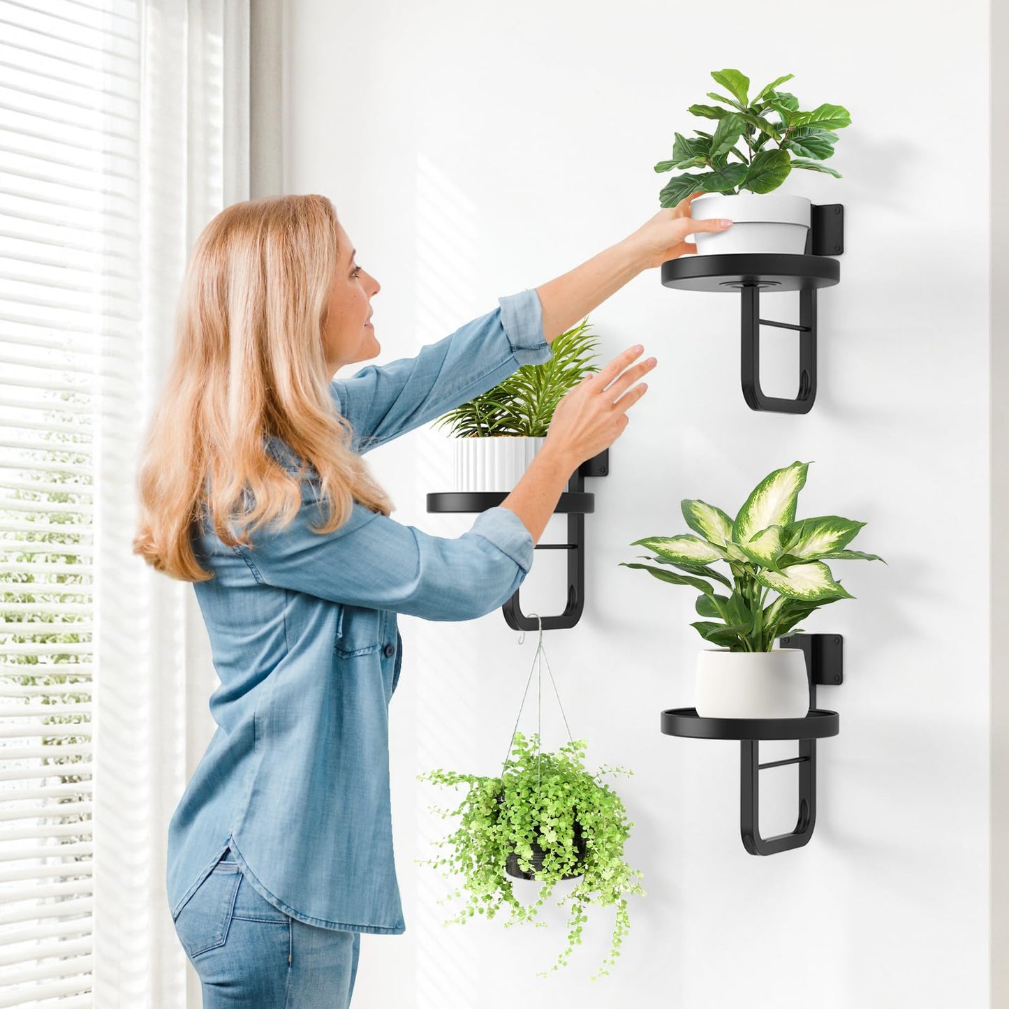 JOPBENG Wall Plant Holder, 7.9 Inch Hanging Plant Holder Wall Planters for Indoor Plants, Wall Mounted Plant Holder Window Plant Shelves for Outdoor Metal Wall Planter Black 2Pcs