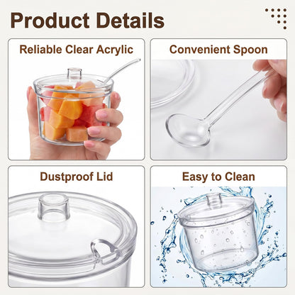 moheaaei 12 Pcs Acrylic Sugar Bowls with Lid and Spoon, Clear Plastic Condiment Jars for Kitchen, Coffee Bar, Party Supplies, 7.1 oz Bulk Storage Containers for Sugar, Salt, Spices
