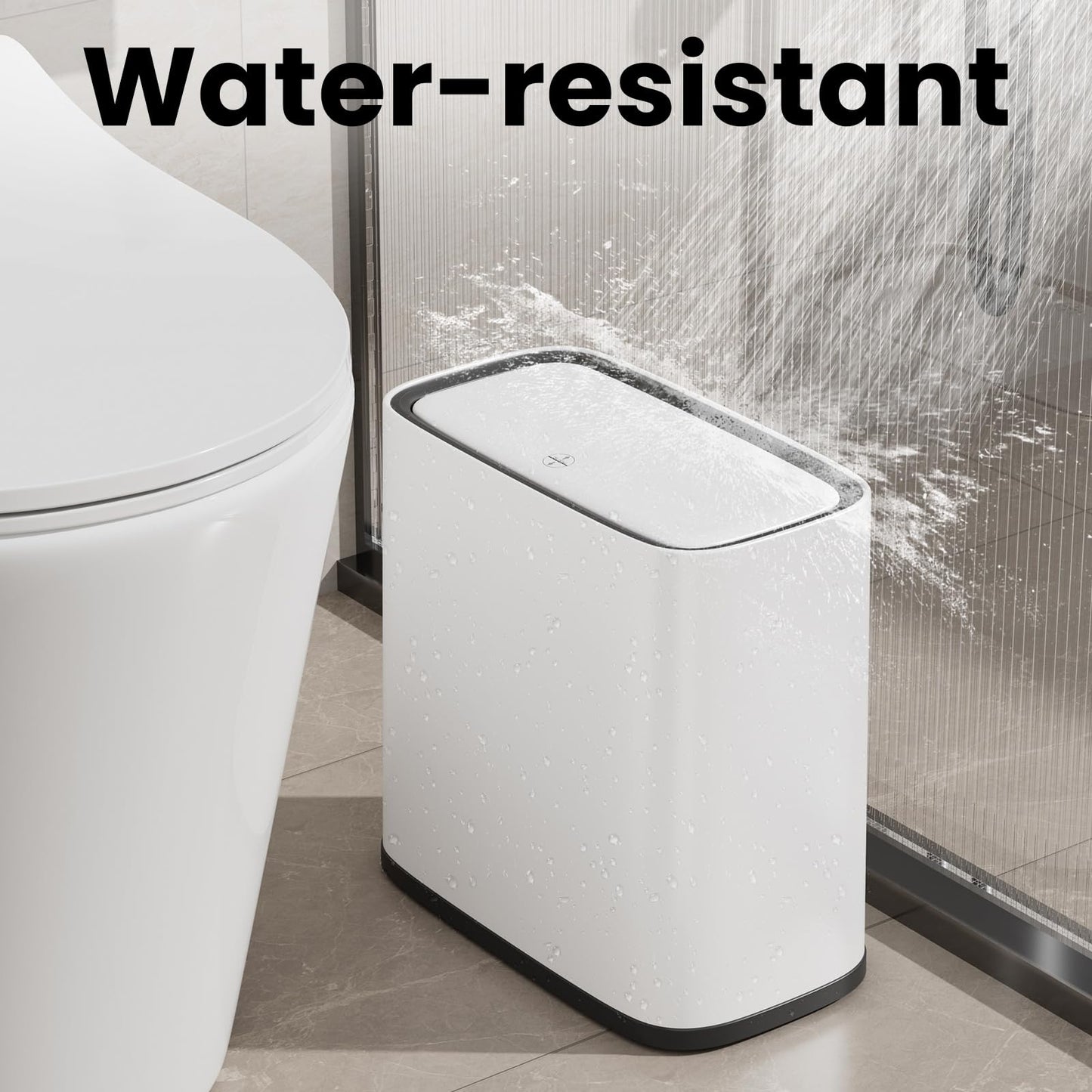 Bathroom Trash Can, 2.1 Gallon Small Slim Garbage Can with Lid and Wheels, Air-Press Bag Expander & Inner Bucket, White Plastic Waste Basket Dog Proof for Kitchen, Office, Bedroom, Garbage Trash Bin