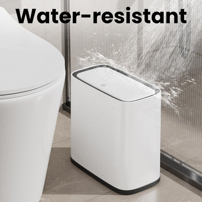 Bathroom Trash Can, 2.1 Gallon Small Slim Garbage Can with Lid and Wheels, Air-Press Bag Expander & Inner Bucket, White Plastic Waste Basket Dog Proof for Kitchen, Office, Bedroom, Garbage Trash Bin