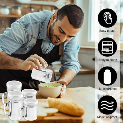 BXUYAOXMC 4 Pcs Stainless Steel Salt and Pepper Shakers Set, 10oz & 14oz Spice Shakers with Handle and Airtight Lid, Large Holes for Powdered Sugar, Flour, Cheese, BBQ Rubs – Kitchen Storage