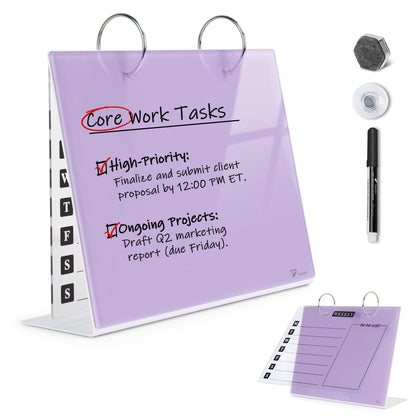 Desktop Glass Dry Erase & Acrylic Aesthetic Desk Calendar Weekly To-do List Combo, Small Magnetic Standing Whiteboard, Desk Flip Easel Calendar with Accessories for Home Office Supply, Purple, 9 x 7''