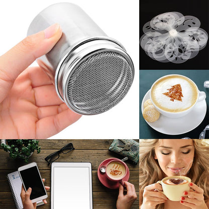 2 Pcs Stainless Steel Dredges and Powdered Shaker with 16 pcs Printing Molds Stencils, SENHAI Salt Pepper Coffee Cocoa Cinnamon Power Can with Hole or Fine-Mesh Lid for Kitchen Baking Cooking