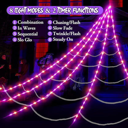 Halloween Spider Web Lights Outdoor Decorations 16.4x18.4FT 280 LED Giant Spider Web with 79" Large Spider Lighted Web with Purple Orange Lights 8 Modes Timer Waterproof for Yard Haunted Mansion Decor