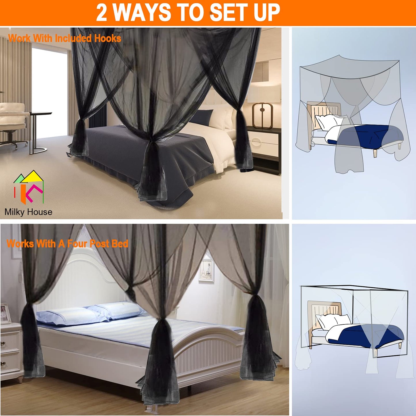 Mesh Bed Canopy Black Canopy Bed Frame Queen Canopy Bed Tents for Girls Canopy Poles for Toddler Bed, King Twin Full Size Canopy Bed for Adults Bedroom Kids Room Camping Lights Screen Netting Curtains