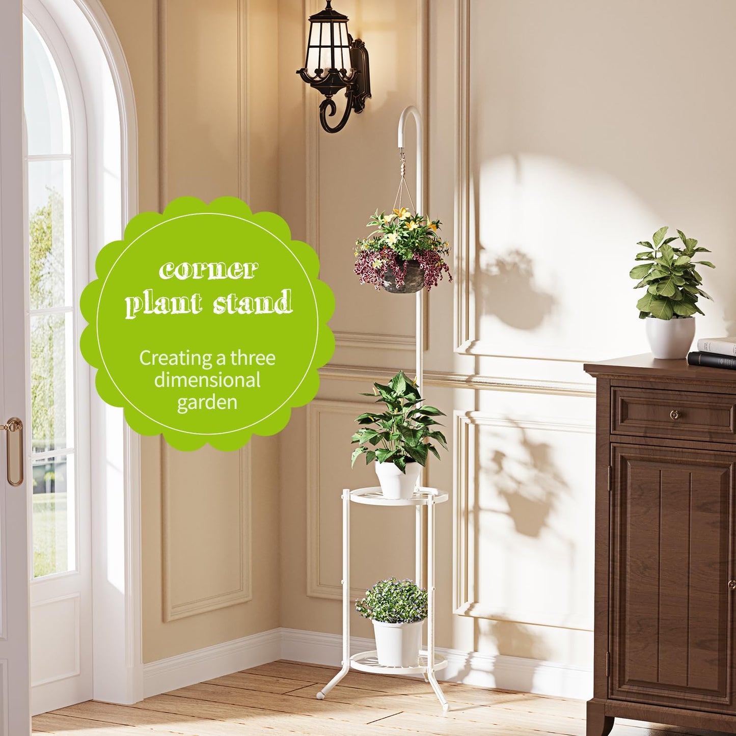 Plant Stand with Hooks Indoor Outdoor Corner Tall Plant Stand Heavy-Duty Metal 3-Tier Plant Shelf Holder Rack for Patio Garden Balcony Living Room Bedroom(semicircular White)