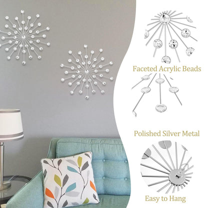 SIYIKRYP Set of 3 Crystal Sunburst Wall Decor – 11.8" Silver Metal Wall Art with Rhinestone Accents – Modern 3D Starburst Hanging Ornaments for Living Room, Bedroom, Office