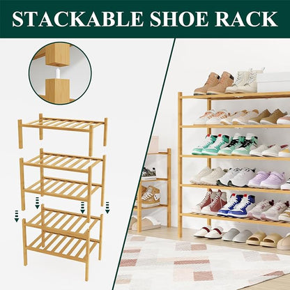 Smiry Long Bamboo Shoe Rack, 6 Tier Free Standing Wooden Shoe Organizer, Stackable Wood Shoe Storage Shelf for Closet, Entryway, 12 Vertical Slats, 2+2+2 Stack Standard Legs, 33.7"x11"x39", Natural