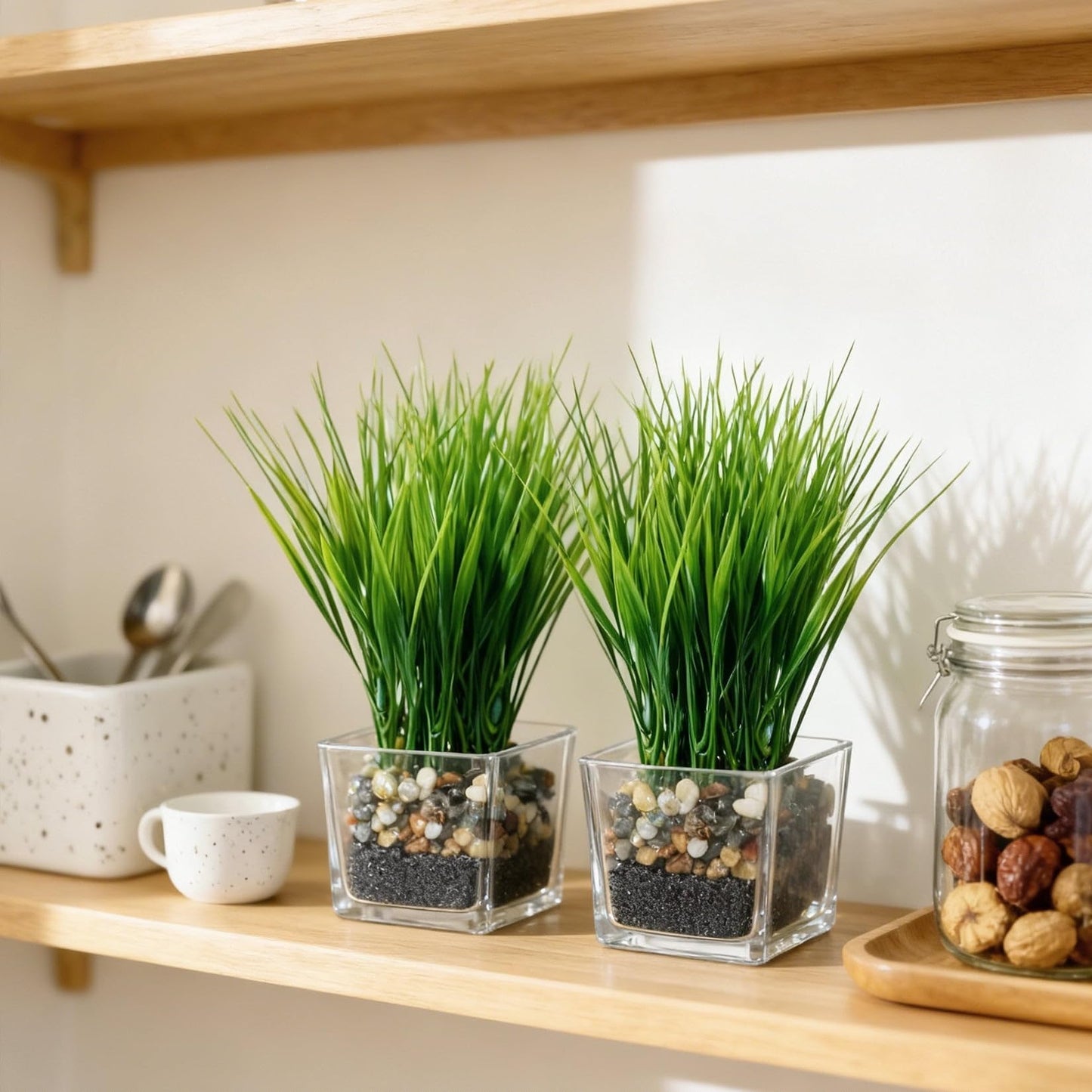 PeacefulHues 3-Pack Artificial Grass in Glass Planters, Small Faux Greenery for Desks, Shelves & Indoor Spaces, Modern Tabletop Decorative Plants (3×3×8.7 in)