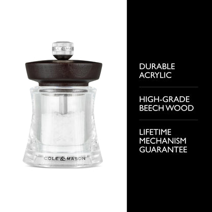 Cole & Mason Holborn Acrylic Salt Mill - Compact Hand Grinder - Acrylic Kitchen Tool with Adjustable Grind Setting - Easy-to-Clean Grinder with Premium Design - Chocolate Salt Mill, 3.75"