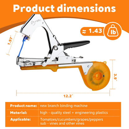 Plant Tying Machine with 20 Tapes & Staples Quick Vine Support Tool for Tomatoes Peppers Grapes Ergonomic Gardening & Farming Tool for Gardeners Farmers Includes Spare Parts & Repair Kit