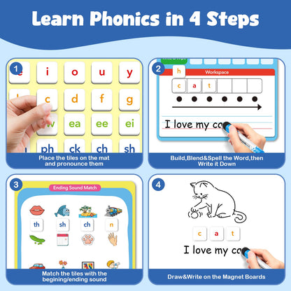 Aizweb Phonics Magnetic Letter Tiles,All-in-one Magnetic Phonics Kit,Reading &Spelling Games with Dry-Erase Boards&Storage Case,Phonics Games for Preschool Pre k& Kindergarten Classroom Learning