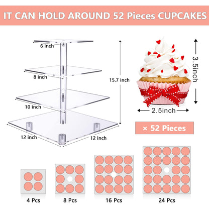 LoveDisplay Cupcake Stand, 4 Tier Cupcake Stand for 50 Cupcakes, Square Tiered Cupcake Tower, Clear Acrylic Cupcake Holder, Dessert Stands for Party, Wedding, Birthday, Baby Shower, Halloween