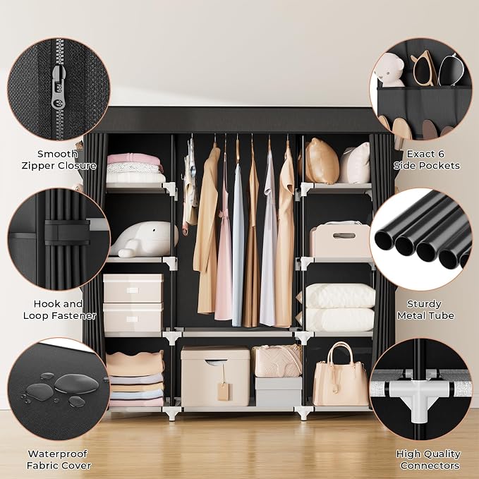 VTRIN Portable Closet Wardrobe for Hanging Clothes 57.3 Inch Large Capacity Clothes Rack with Cover, 10 Storage Organizer Shelves, 1 Hanging Rods and 6 Pockets, Free Standing Closet for Bedroom, Black