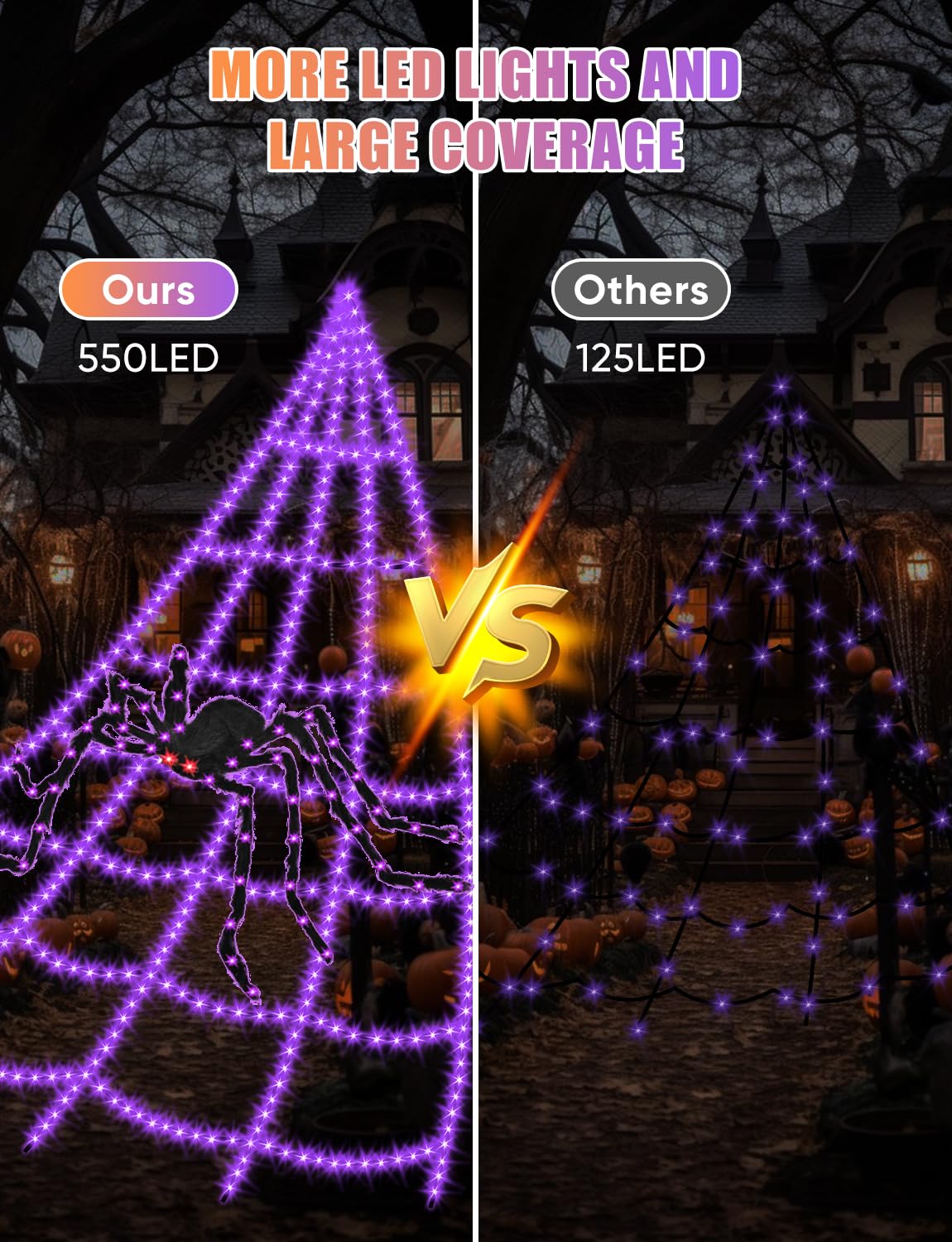 Halloween Decorations Outdoor Spider Web Lights - 16.4Ft Light Up Spider Web with 550 LEDs, Waterproof, 8 Modes Memory Function for Outdoor Yard Halloween Decorations (with Spider)