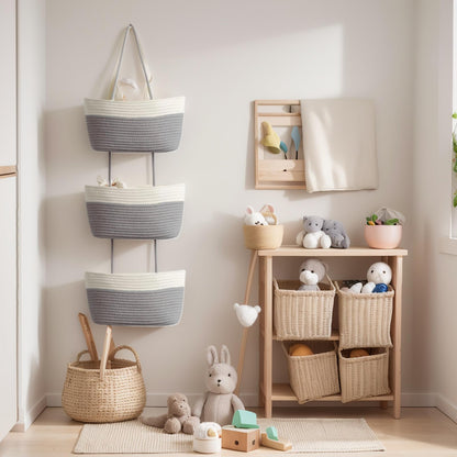 Wycoroy 3-Tier Woven Cotton Rope Hanging Basket, Over the Door Organizer, Adjustable Detachable Wall Basket with Metal & Adhesive Hooks, No Drilling for Farmhouse, Boho Home and Wall Decor