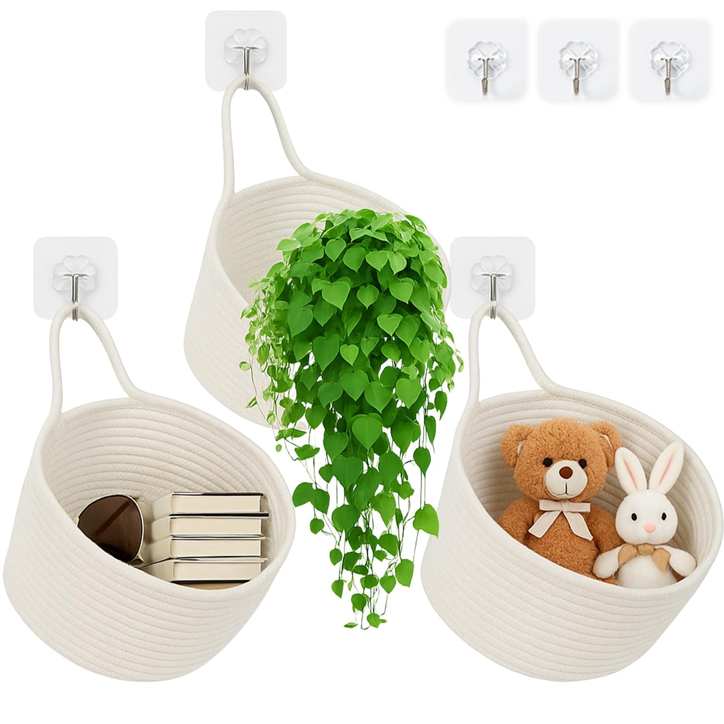 ShellKingdom Hanging Baskets, 3Pack Woven Wall Mounted Storage Basket with 3 Pcs Hooks, Boho Pouchs Bag Organizers for Home Office Living Room Bathroom Door Wall Decoration Caddy Bins (White)