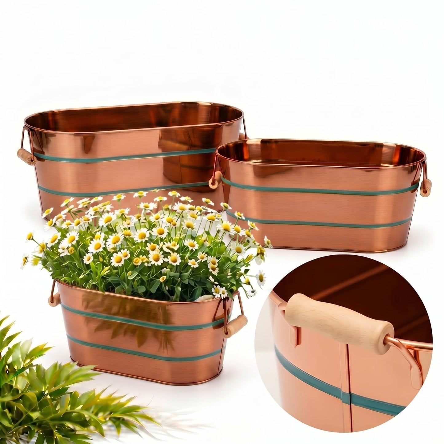 Zonon 3 Pack Galvanized Tub with Handles 17/12/10 Inch Large Metal Planter Set for Indoor Outdoor, Stackable Rustic Retro Flower Pots with 4 Drainage Holes